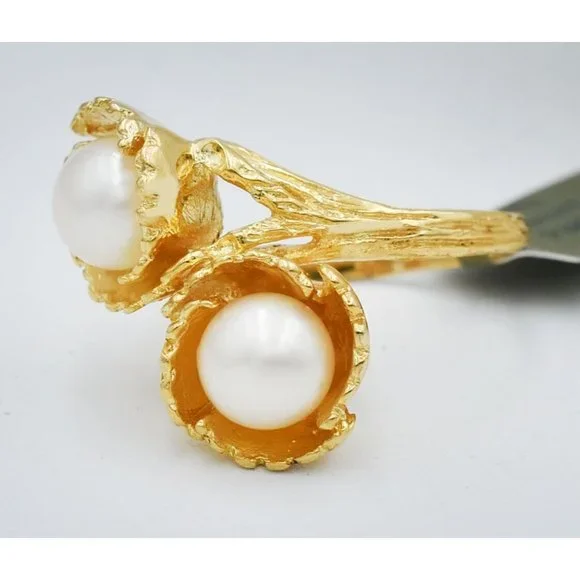 Genuine 7 mm Pearls Ring 14K Yellow Gold